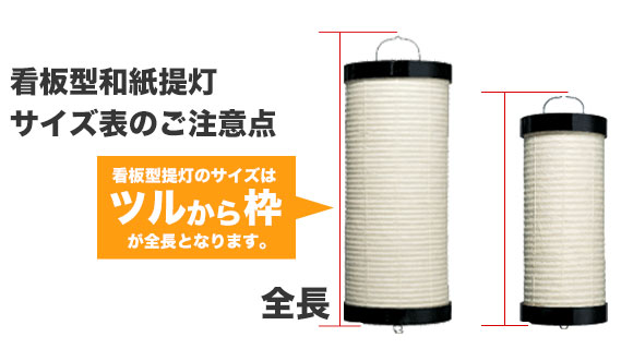 看板型提灯サイズ表のご注意点 看板型提灯のサイズはツルから枠が全長となります。