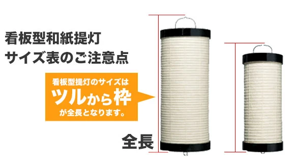 看板型提灯サイズ表のご注意点 看板型提灯のサイズはツルから枠が全長となります。