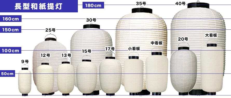 長型和紙提灯 サイズ表