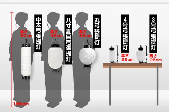 弓張型フルカラー和紙提灯のサイズ比較