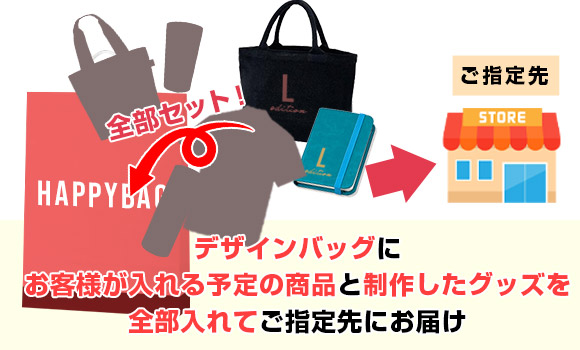 デザインバッグにお客様が入れる予定の商品と制作したグッズを全部入れてご指定先にお届け