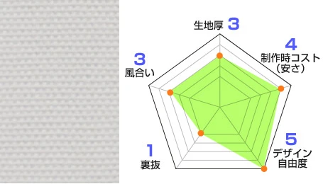 テトロントロマット 生地情報：生地厚3/風合い3/裏抜1/デザイン自由度5/製作時コスト（安さ）4