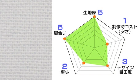 10番天竺 生地情報：生地厚5/風合い5/裏抜2/デザイン自由度3/製作時コスト（安さ）1