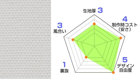 テトロントロマット 生地情報：生地厚3/風合い3/裏抜1/デザイン自由度5/製作時コスト（安さ）4
