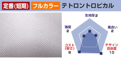 テトロントロピカル 生地厚2、風合い：2、デザイン自由度：10、コスト(安さ)：9、強度：2