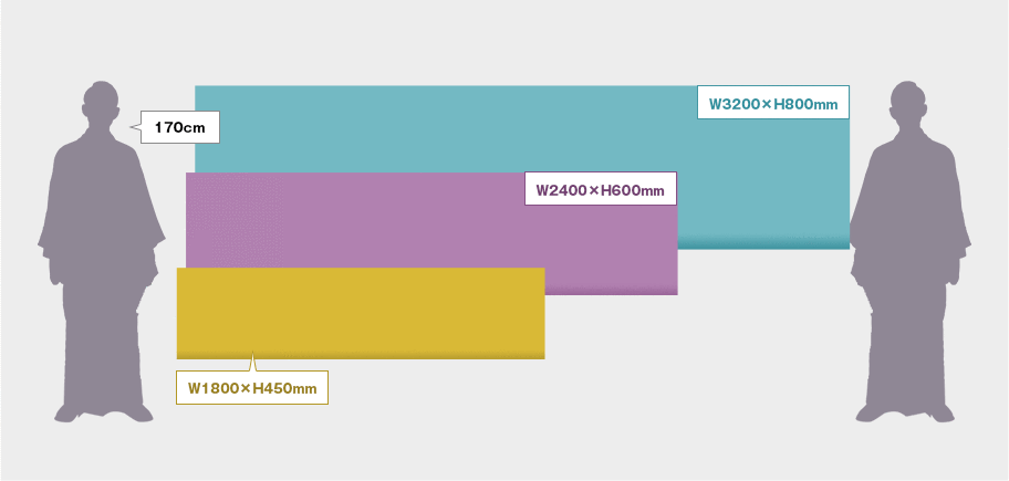 幕人気サイズ：W1800×H450mm,W2400×H600mm,W3200×H800mm