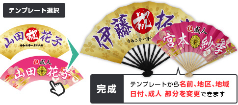 テンプレートから名前、地区、地域、日付、成人 部分を変更できます