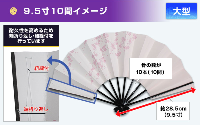 9.5寸10間サイズイメージ 大型・骨の数が10本（10間）・約28.5cm（9.5寸）