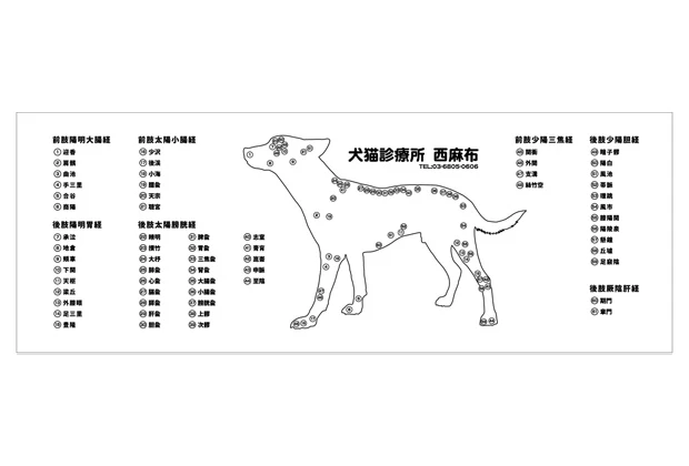 製作事例No.63：顔料プリント手ぬぐい　特色1色（デザイン：経穴情報入り白地に黒イラスト名入れ）デザインデータ
