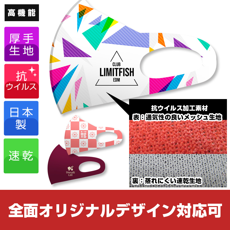 日本製 抗ウイルス厚手生地マスク【フルカラー対応】