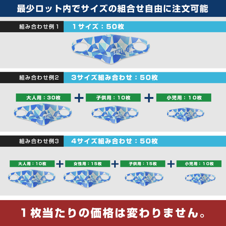 全面プリントマスク(一体型)【フルカラー対応】 最少ロット内でサイズの組み合わせ自由に注文可能